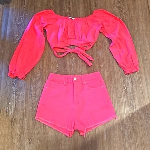 NEW Pink Shorts & Top Set : Denim shorts with matching pink linen crop top